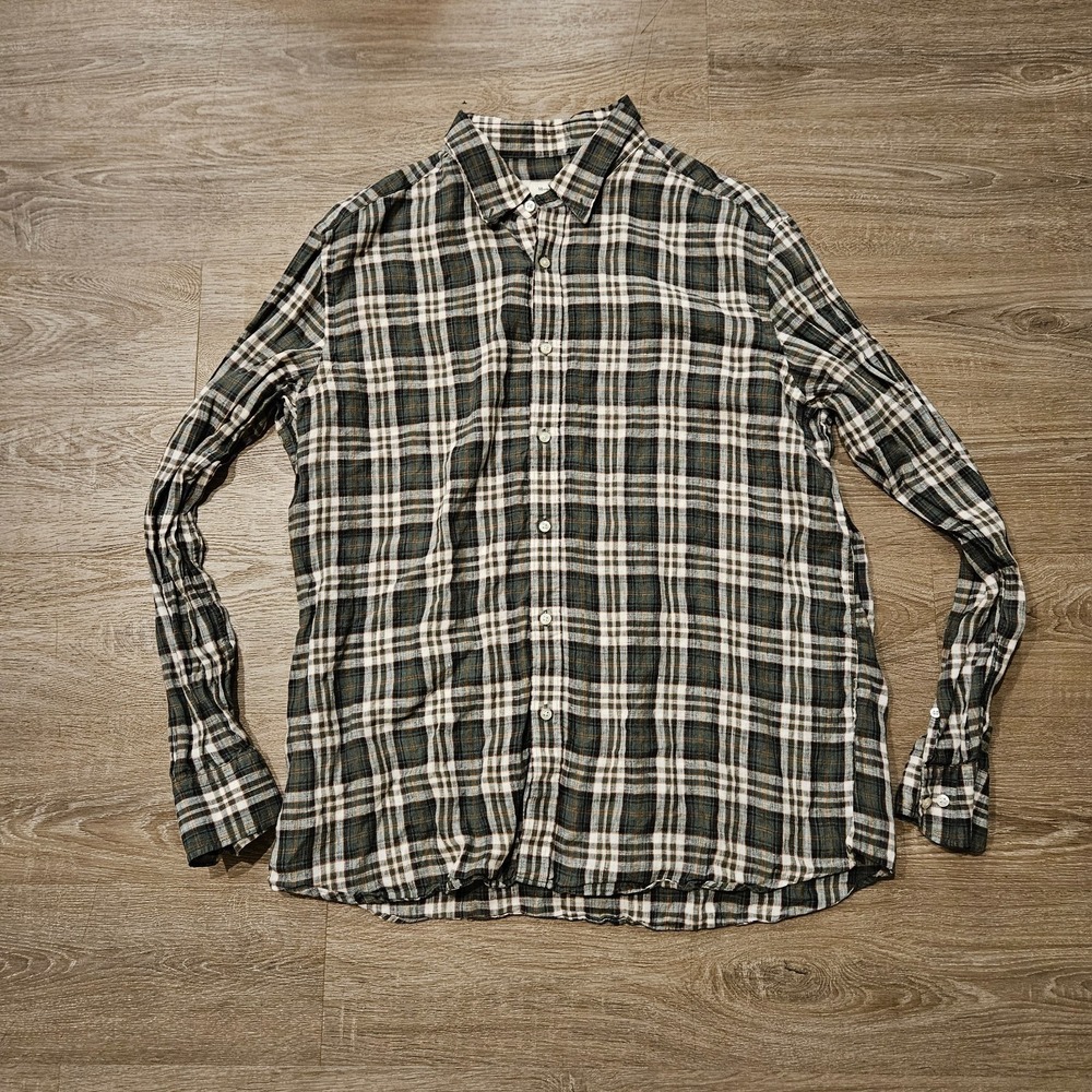 Massimo Dutti 100% Linen Plaid Button Up Shirt Men's XXL Green Brown Casual